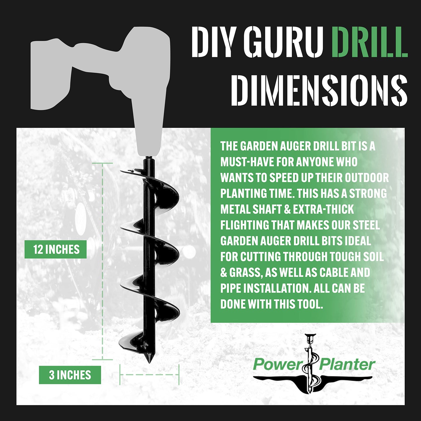 Power Planter DIY Guru Garden Auger- 3"x12" - 3/8" Non-Slip Hex Drive, and Large Bulb Auger- 4"x28" Drill Bit Hole Digger for Post Hole Diggers, Digging Holes- Bulb Planter - 1"/2" Non-Slip Hex Drive