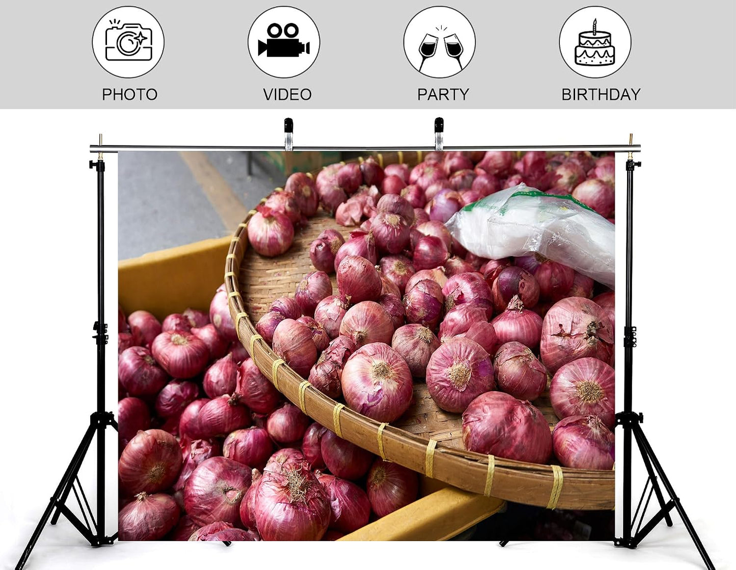 KeyWork 10x5ft Red Onions in Bamboo Basket at Market Backdrop Fresh Produce Photography Background Rustic Food Themed