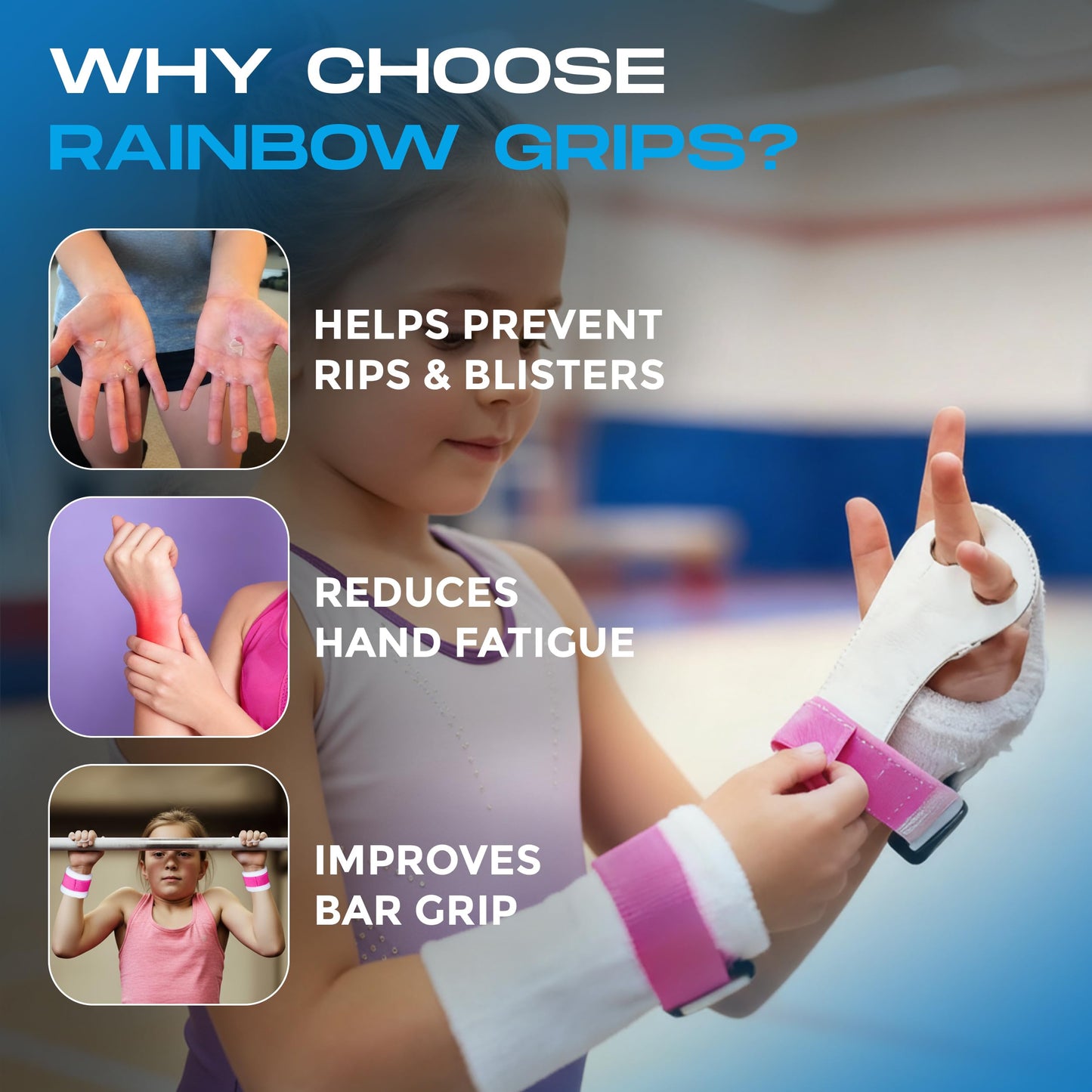 Gibson Athletic Rainbow Gymnastics Grips for Beginners, Unisex Durable Leather Grip with Hook & Loop Closure for Secure Grip & Wrist Support, Grips & Hand Protection for Young Gymnasts Made in USA