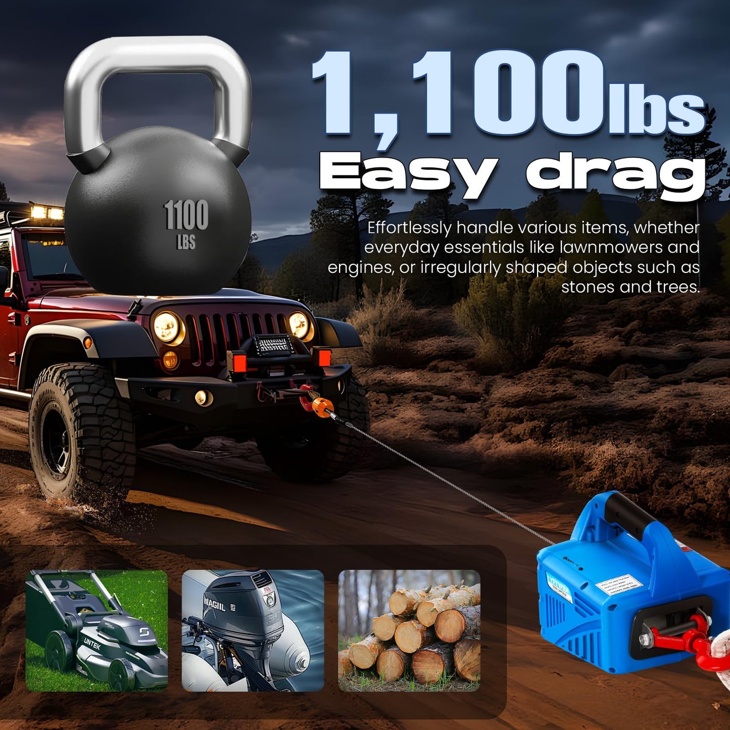 NEWTRY 1,100lb Electric Hoist with Wire Remote Control 16ft/min, 110/120 Volt 25ft Portable Electric Winch w/Straps