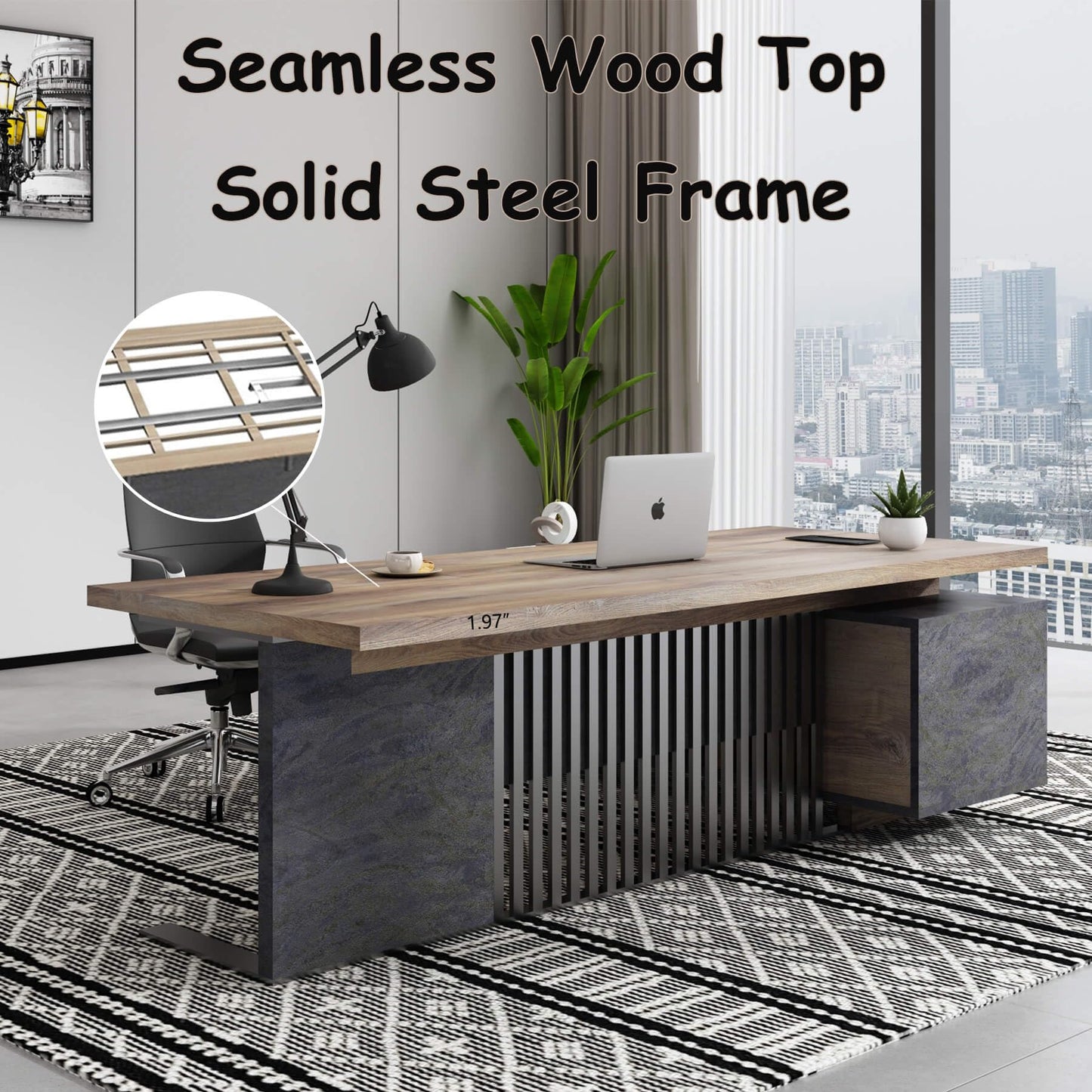 ONNAHOMEStlyle Executive Desk with Privacy Panel, Large Office Desk for Small Business, Computer Desk with Drawers & Storage Cabinets, Thick One-Piece Tabletop (Right Return, 78.7")
