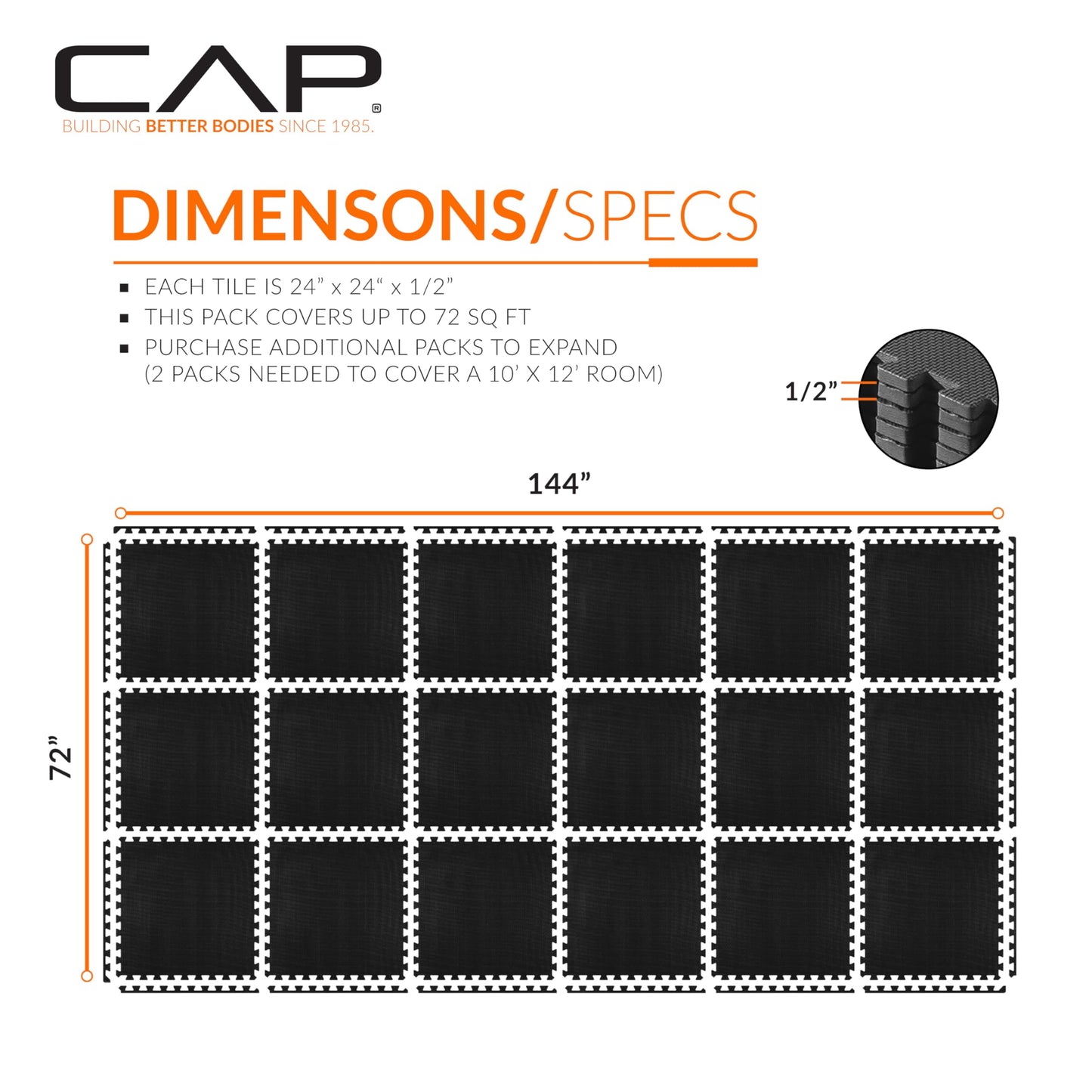 CAP Barbell 1/2-Inch Interlocking EVA Foam Exercise Puzzle Mat Home Gym Flooring - 3 Pack | 24" x 24" x 1/2" | T Pattern - Black