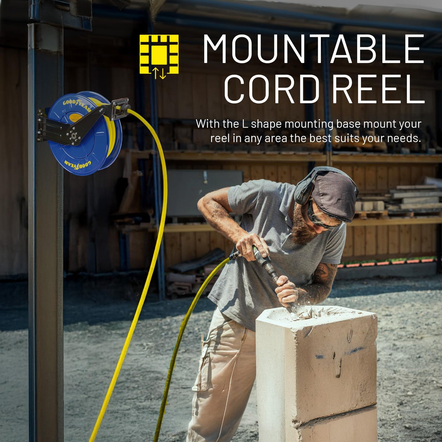GOODYEAR Air Hose Reel Retractable 3/8" Inch x 50' Feet Long Premium Commercial SBR Hose Max 300 Psi Reinforced Steel Construction Heavy Duty Spring Driven Industrial Dual Arm & Pedestal