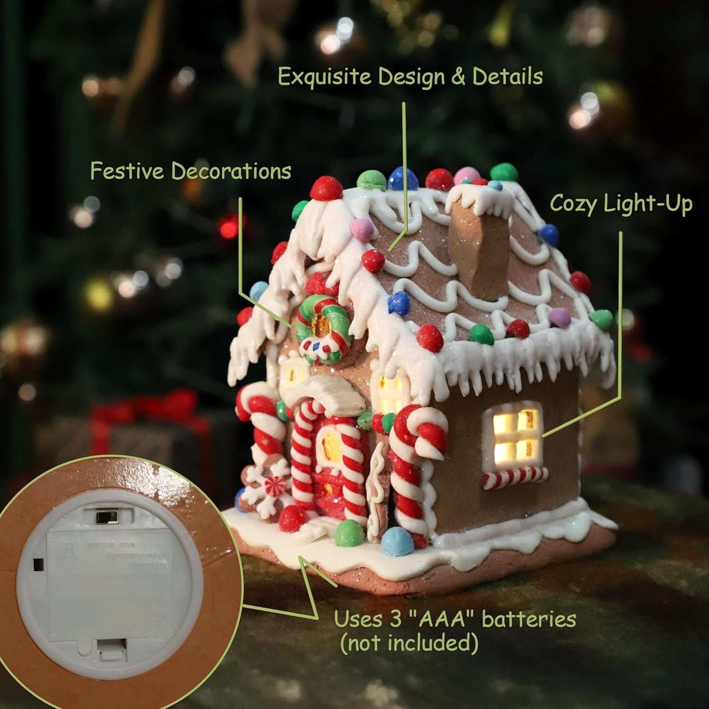 Skiennix Gingerbread House Decoration - Battery-Operated Light-Up Christmas Village Figurine | Handmade (Style 2)