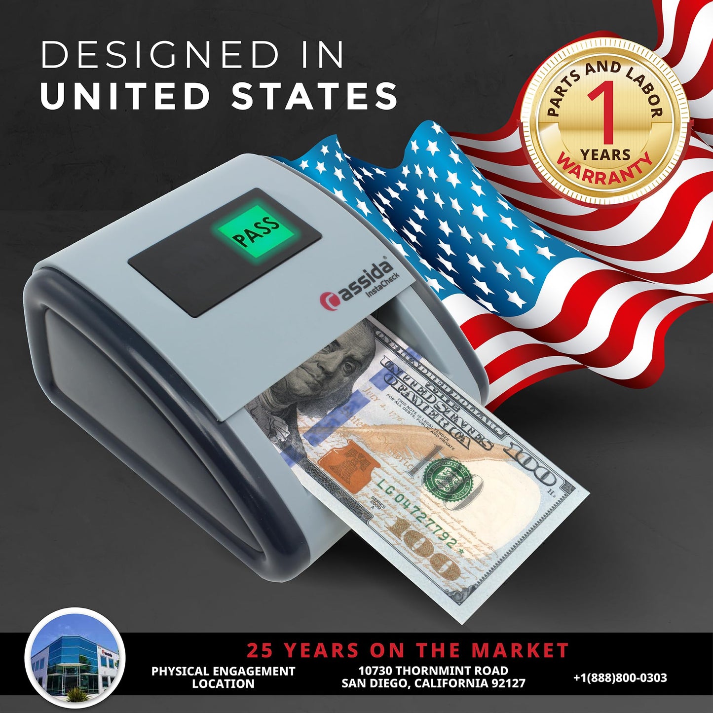 Cassida InstaCheck Small Footprint, Easy to Read Automatic Counterfeit Detector with Infrared, Magnetic and Ultraviolet Sensors, Compact and Lightweight Grey 11-3/4" x 9-1/2 (Pass/Fail)