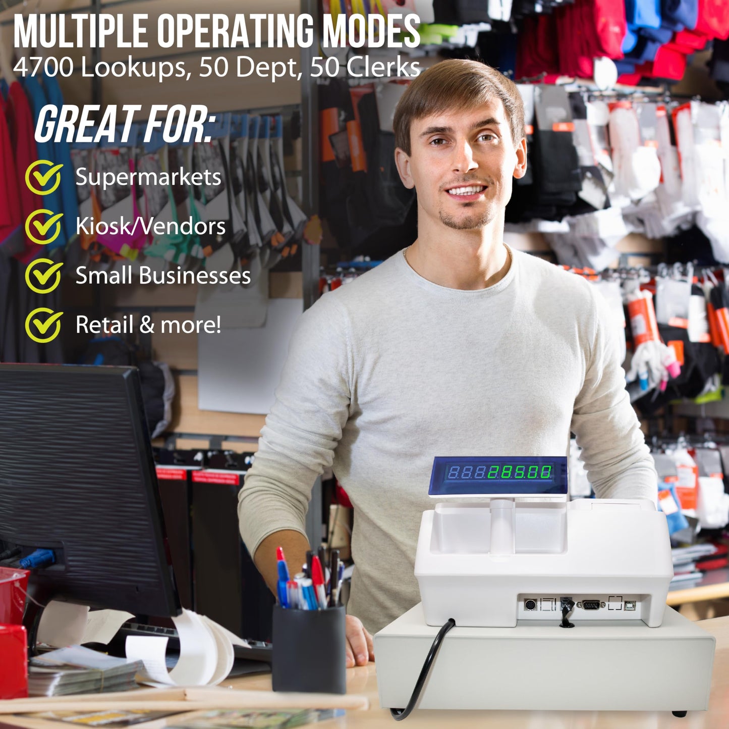 Electronic Cash Register with Cash and Coin Drawer, Quick Load Thermal Printer, 50 Dept 50 Clerks, 4700 Lookups, White