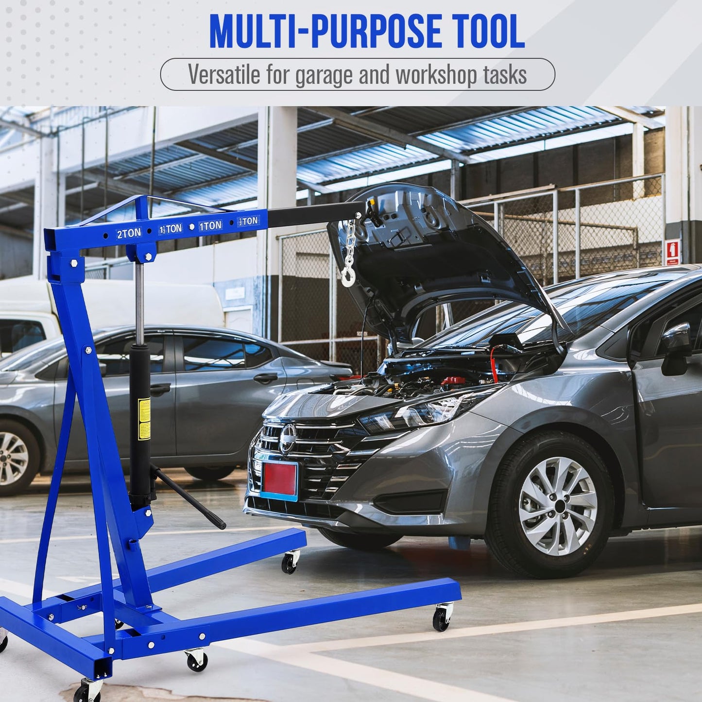 2 Ton Folding Hydraulic Engine Hoist - Cherry Picker Shop Crane, 4400 Lbs Hydraulic Engine Lift with Telescopic Boom, 6 Casters for Garage, Workshop, Auto-Repair, Heavy Duty, Easy Mobility, Blue