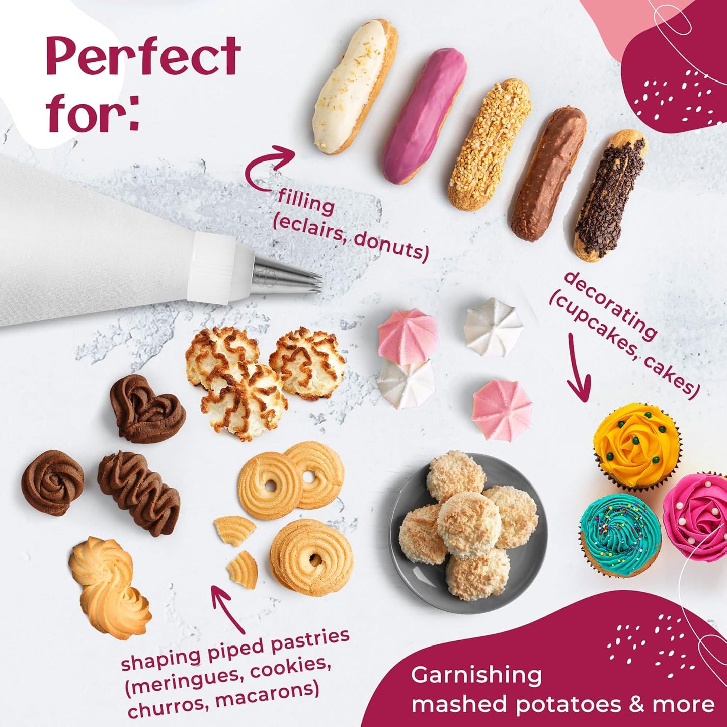 Skiennix Premium Reusable Piping Bags Set - 16" Cotton Pastry Bag with 8 Large Icing Tips | Dishwasher Safe