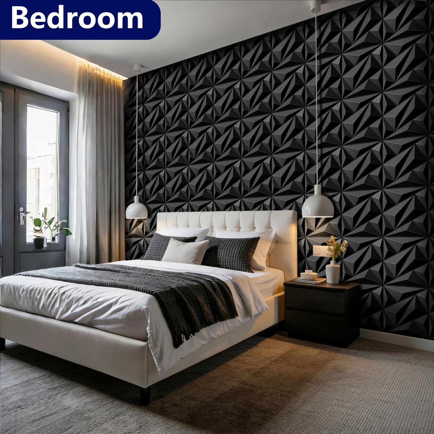 janasse 3D Wall Panel for Interior Wall Decor, PVC Wall Panels for Living Room Bedroom Game Room, Black Wall Panels for Lobby Hotel Office, 12''x12'' Cover 19.Sq.Ft.(20 Packs)