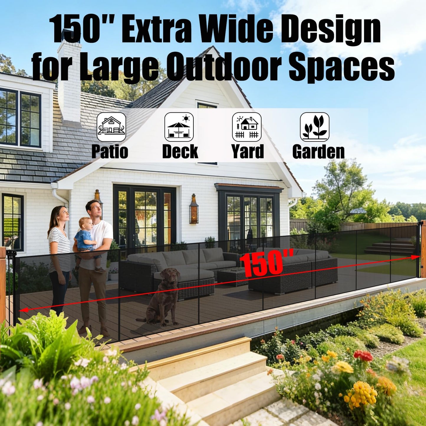 150" Extra Wide Retractable Baby Gates Dog Gate for Large Opening, 41" Extra Tall Mesh Pet Gate, Long Child Safety Gates with Fiberglass Rods for Stairways, Doorways, Hallways - Indoor/Outdoor Use
