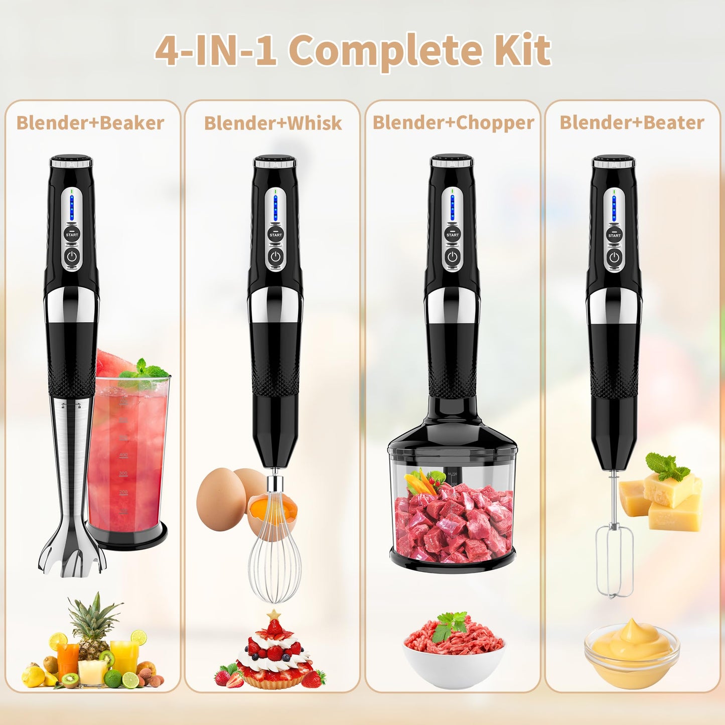Toogel Cordless Immersion Blender, 3-in-1 Electric Hand Blender with 21-Speed & 3-Angle Adjust, USB Rechargeable, BPA-Free & Dishwasher Safe for Baby Food, Smoothies, Soup (Black)
