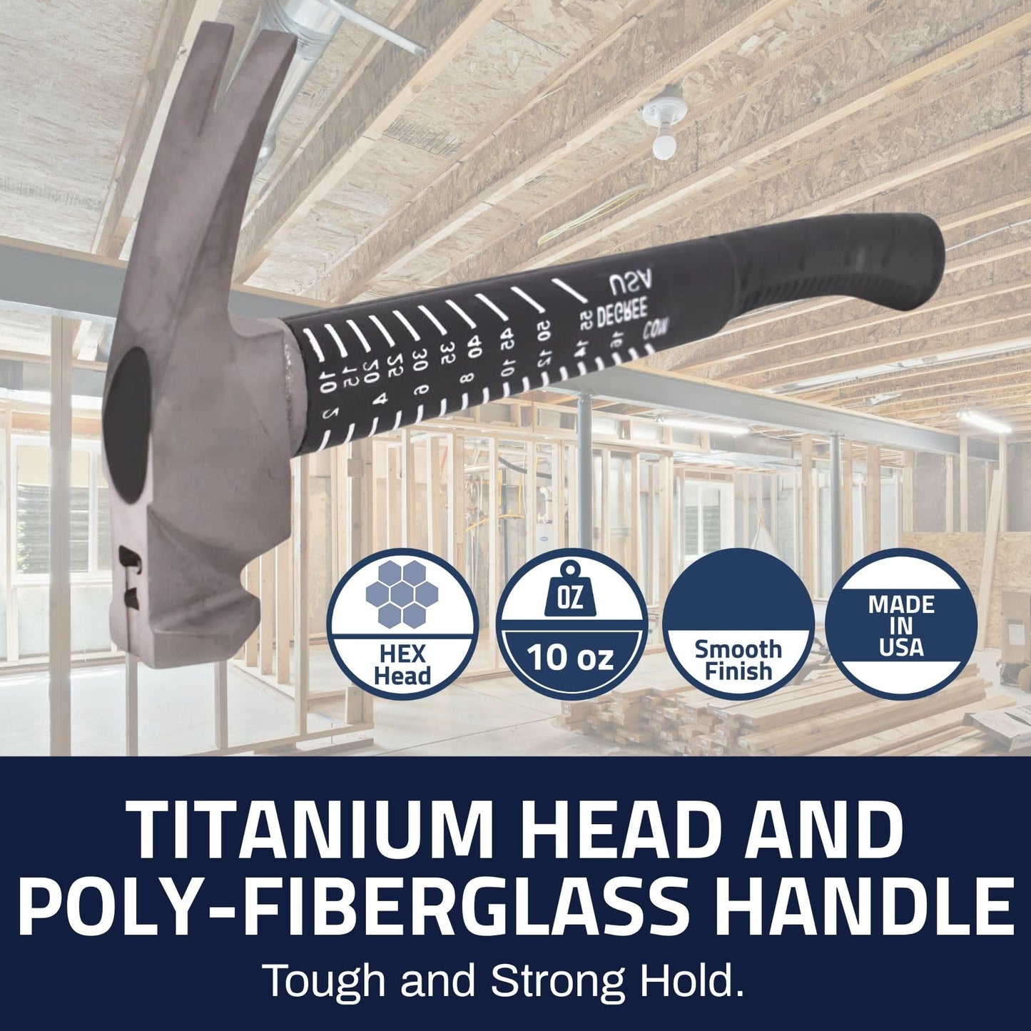 Boss Hammer 10 oz. Construction Grade Ti64 Titanium Hammer with Tough-Fiber Shock-Absorbing Fiberglass Handle - No-Slip Grip, Smooth Faced - Made in USA - BH10TIPFS