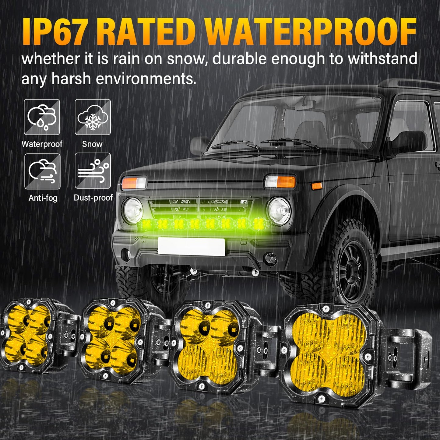 SKYWORLD 8 Pcs Yellow Cube LED Pod Light, 4 Inch 30W Spot Flood Combo Beam Work Lights,3530K Car Off-Road Driving Lamp for ATV, UTV, 4x4, Tractor,Truck,Motorcycle