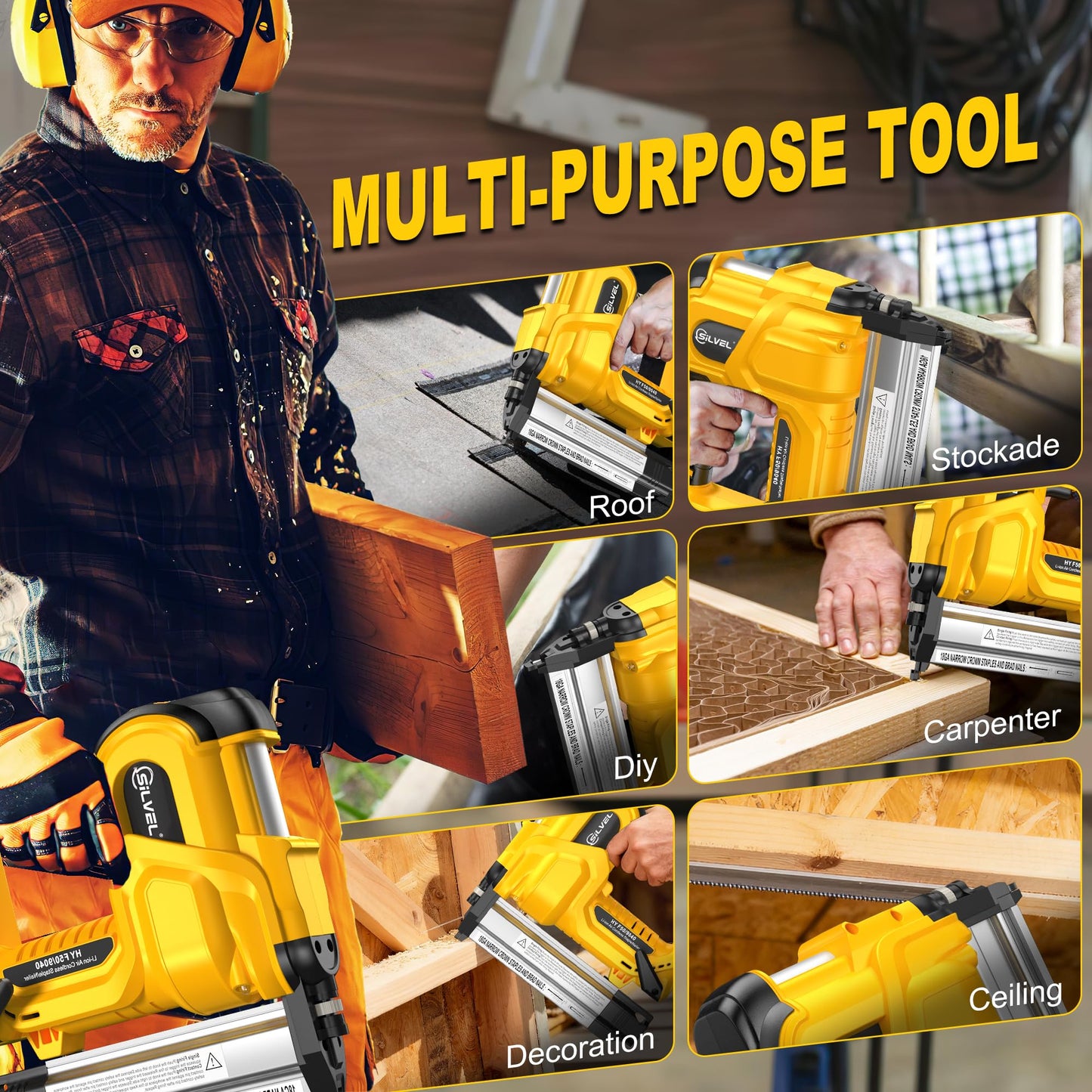 SILVEL 2" Cordless Brad Nailer, 2-in-1 21V Electric Brad Nailer with 2 * 2.0Ah Battery, 1000pcs Nails, 18GA Staples, Adjustable Depth for Woodworking, Home Improvement, yellow