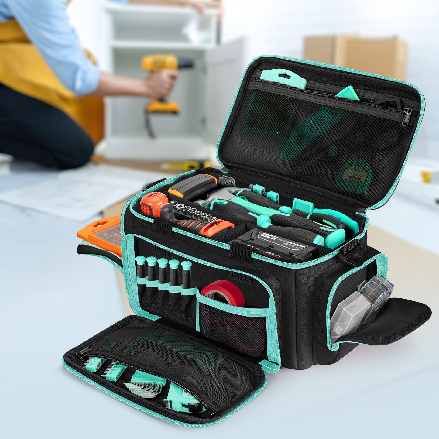 Trahzia Tool Tote Bag for Women, Tool Storage Organizer with Anti-friction Bottom, Tactical Range Bag for Electrician, Carpenters, Repairman, Turquoise