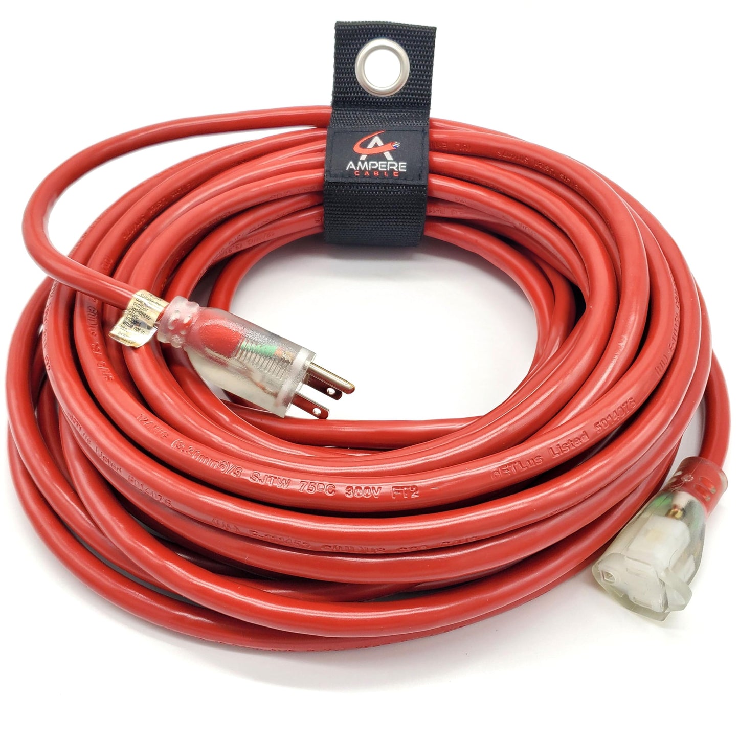100 ft - 14 Gauge Extension Cord Outdoor - Made in USA - Lighted on Both Ends - Red Outdoor Extension_Cord Waterproof by Anthem Cable - Heavy Duty ExtensionCord 100 ft 13 Amp Extension