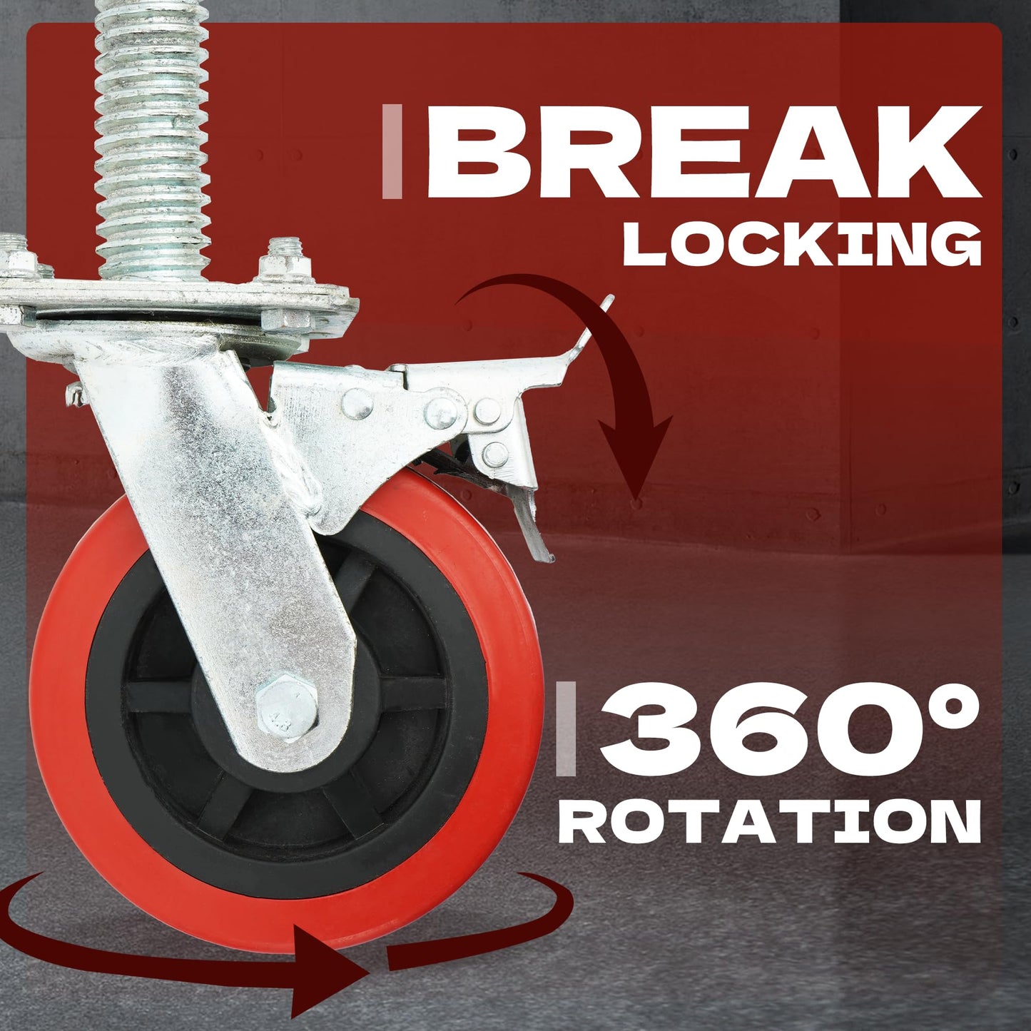 8 inch Scaffolding Caster Wheels with Brake 4 Pack 1-1/4" OD Scaffold Screw, 21" Hight Screw Adjustable Leveling Scaffolding Wheels