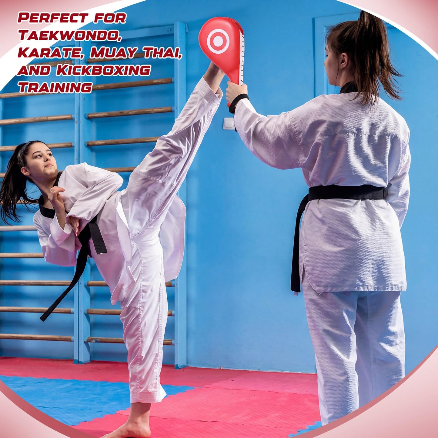 Poen 7 in 1 Taekwondo Kick Pad Boxing Training Equipment Punching Mitts Martial Arts Wrist Band Adjustable Soft Pads Set for Karate Muay Thai MMA Training (Red,Circle)