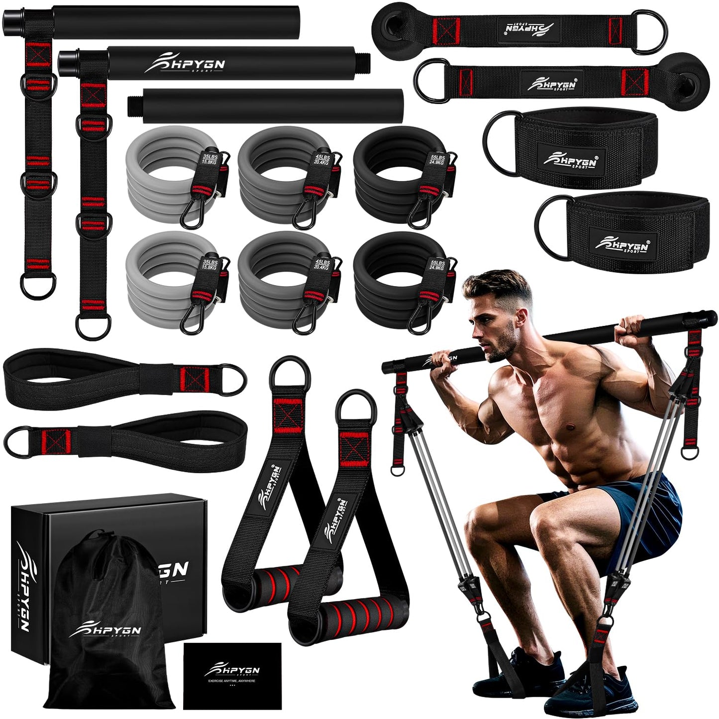 HPYGN Pilates Bar Kit with Resistance Bands, Heavy Duty Multifunctional Pilates Workout Equipment for Strength Training, HIP, Back, Arms, Ab, Shoulders, Portable Home Gym & Travel Fitness Gear for Men