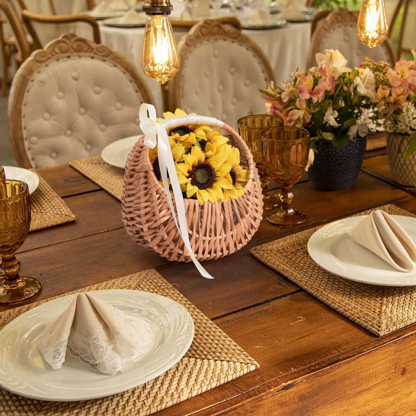 RXMORI 4PCS Flower Girl Basket with Ribbon,Woven Flower Hand Baskets Rattan Baskets Willow Basket with Handles,Willow Handwoven Basket for Wedding Banquet Party Supplies