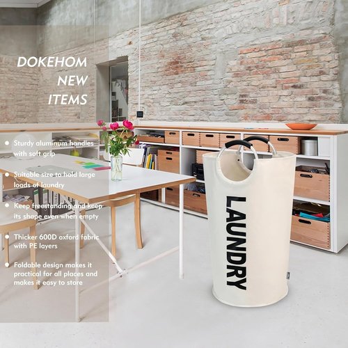 DOKEHOM 90L Large Laundry Basket - Collapsible Freestanding Hamper in Beige for Easy Storage
