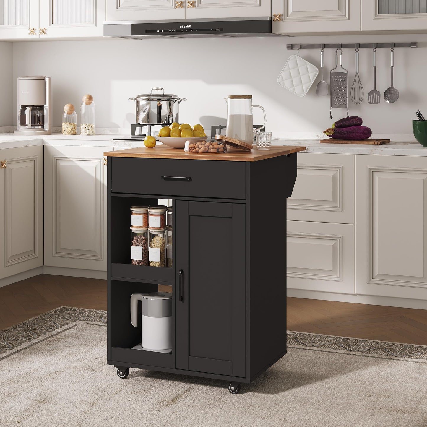 GarveeLife Kitchen Island with Drop Leaf, Rolling Kitchen Island on Wheels with Storage, Island Cart with 2 Open Shelves,1 Drawer for Kitchen, Dining Room