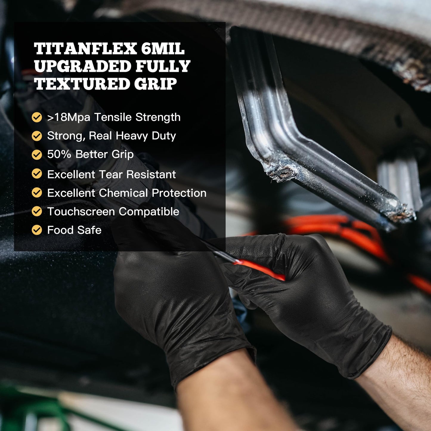 TitanFlex Heavy Duty Black Nitrile Gloves, 6-mil, Fully Textured, XXL 1000-ct Box, Mechanic Disposable Gloves, Work Gloves, Latex Free, Powder Free, Rubber Gloves for Food Prep