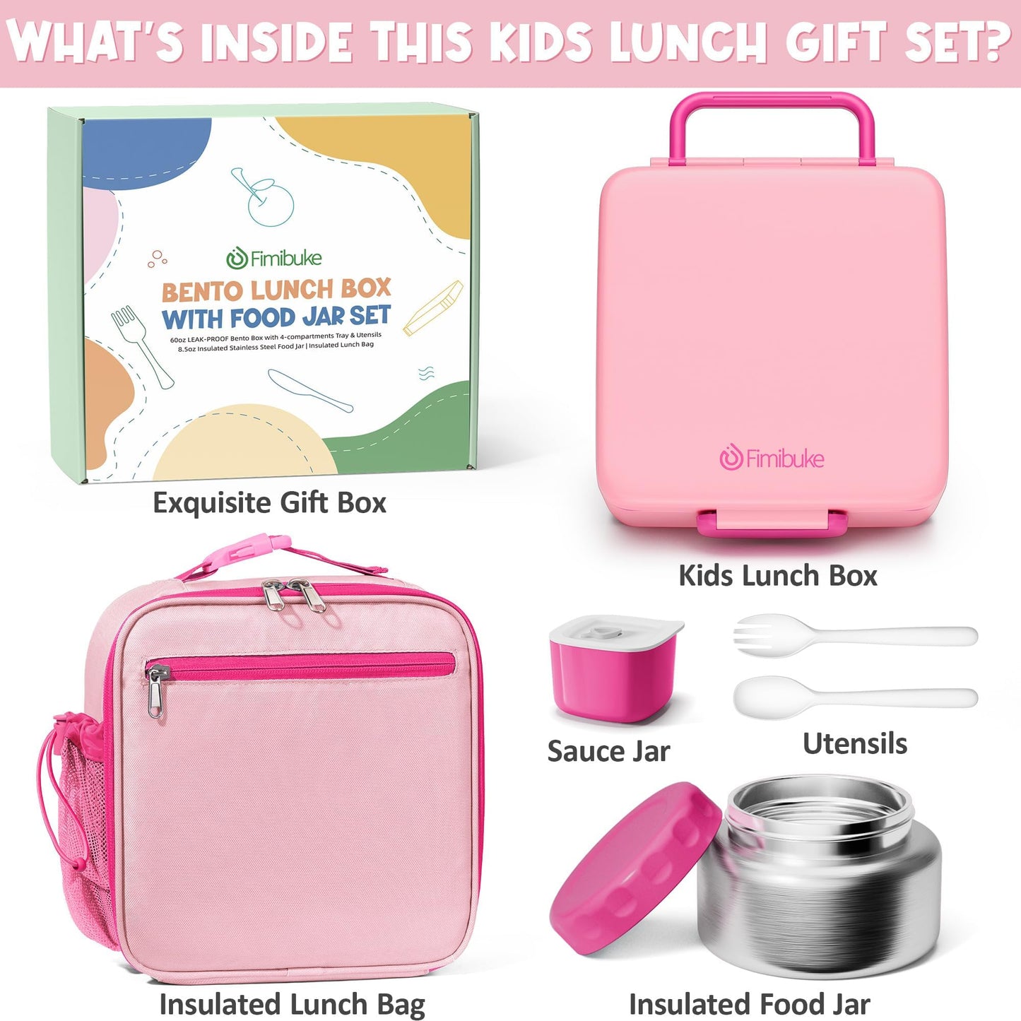 Fimibuke Kids Bento Lunch Box with Thermo, Leakproof Toddler Bento Box with 8.5OZ Insulated Food Jar, Lunch Bag & Utensils BPA Free Dishwasher Safe 3 or 4 Compartment Container for School Girls Boys