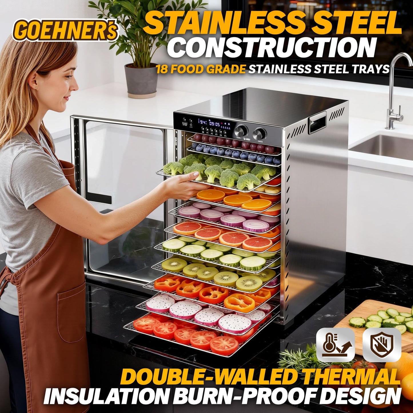 Commercial Food Dehydrator 18 Trays, 1100W Large Capacity 18ft² Food Dryer Machine for Jerky, Meat, Fruit, Herbs, Full Stainless Steel Industrial Dehydrators with 5 Presets, 48H Timer, Max 194°F Temp