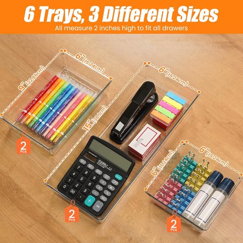 Criusia Clear Drawer Organizer Set - 6 Large Acrylic Trays for Kitchen, Bathroom & Office Storage