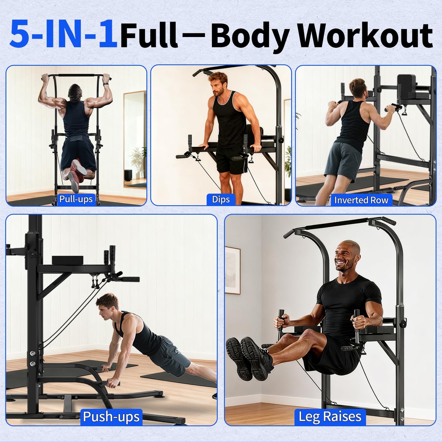 Pull Up Bar Power Tower Dip Station, Adjustable Strength Training Equipment for Home Gym Workout, Multi-Function Pull Up and Dip Bar