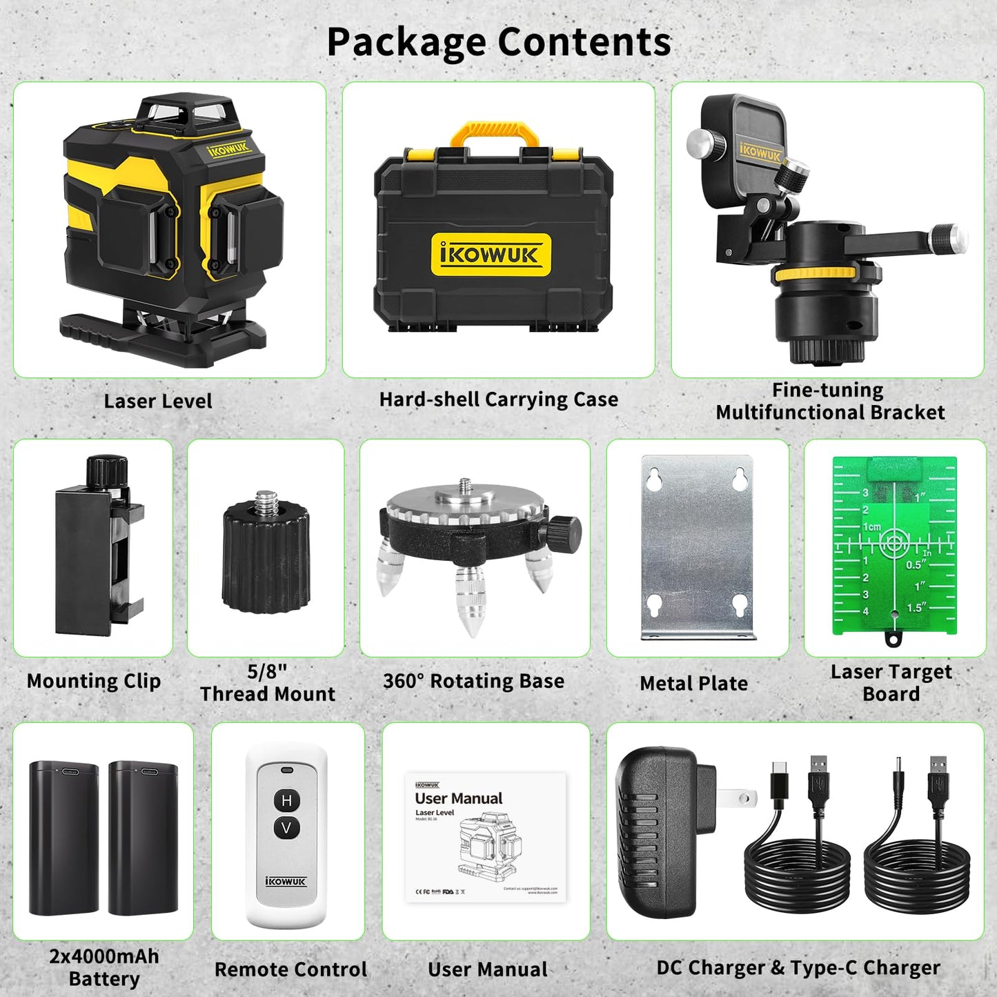 IKOVWUK 4x360° Laser Level Pro Kit, Self-leveling Tool for Construction, Tiling Floor & Picture Hanging, 4D Cross Line Laser Level with Fine-tuning Bracket, 16 Lines Laser level with 2*4000mAh Battery