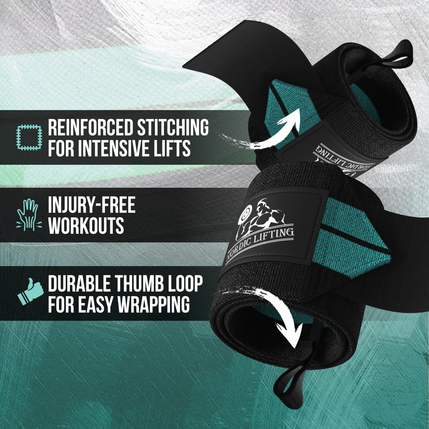 Nordic Lifting Wrist Wraps with Thumb Loops for CrossFit and Olympic Lifts, Wrist Wraps Support for Powerlifting and Weightlifting Workouts, Aqua Blue