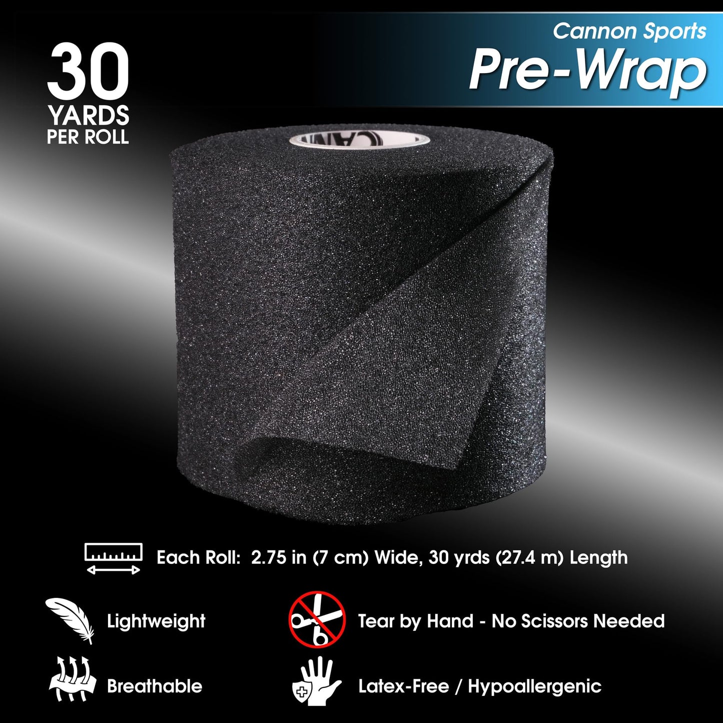 Cannon Sports Pre Wrap Foam Underwrap - 2.75" x 30 Yards Per Roll - Athletic Underwrap for Sports Tape, Training & Exercise (Black)