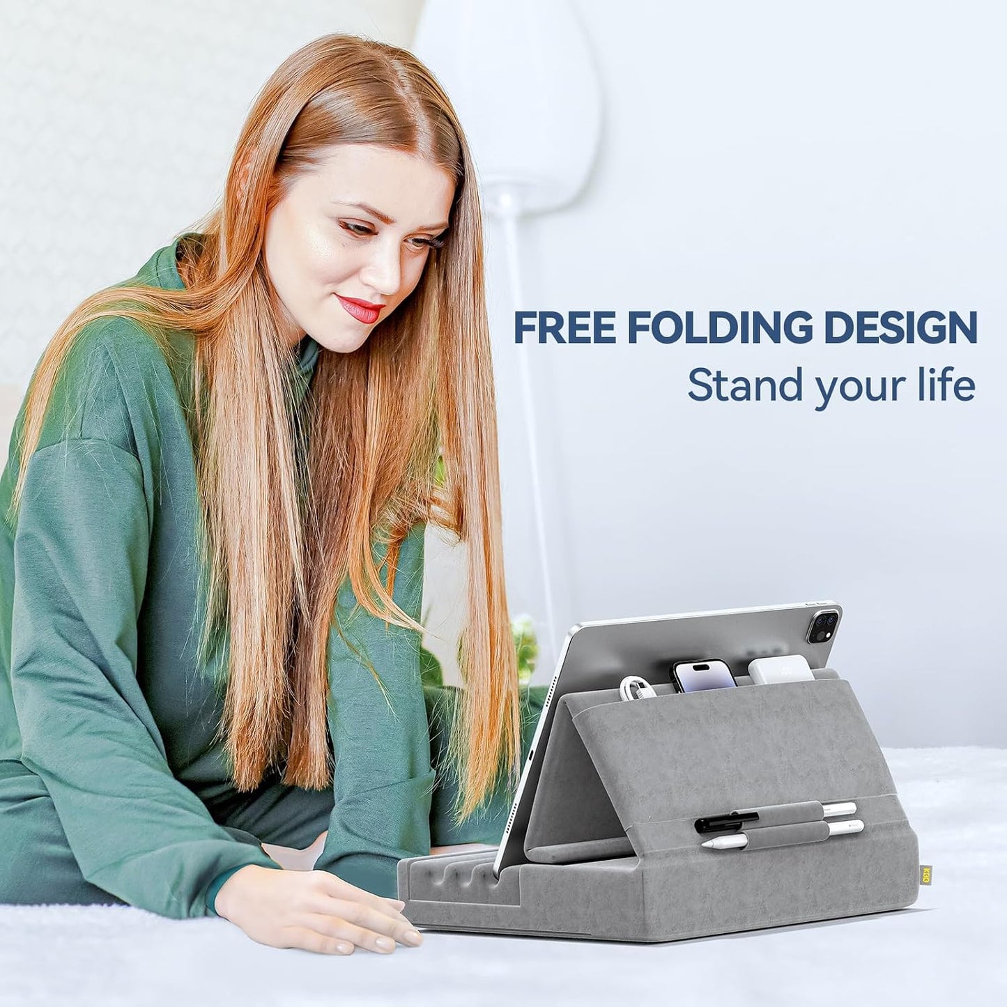 KDD 12.9, 10.5, 9.7 6 5 4 3, Tablet Pillow Holder, Foldable iPad Stand for Lap, Bed and Desk -Tablet Soft Pad Dock
