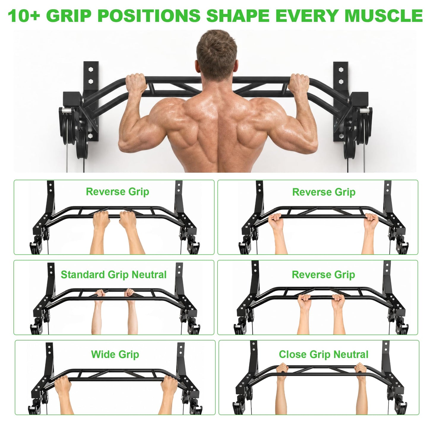 Wall Mounted Pull Up Bar, Heavy Duty Multi-Grip Chin Up Bar for Home Gym, 450 lbs Weight Capacity Upper Body Strength Training Equipment, Metal Construction with Home Gym Cable Pulley System