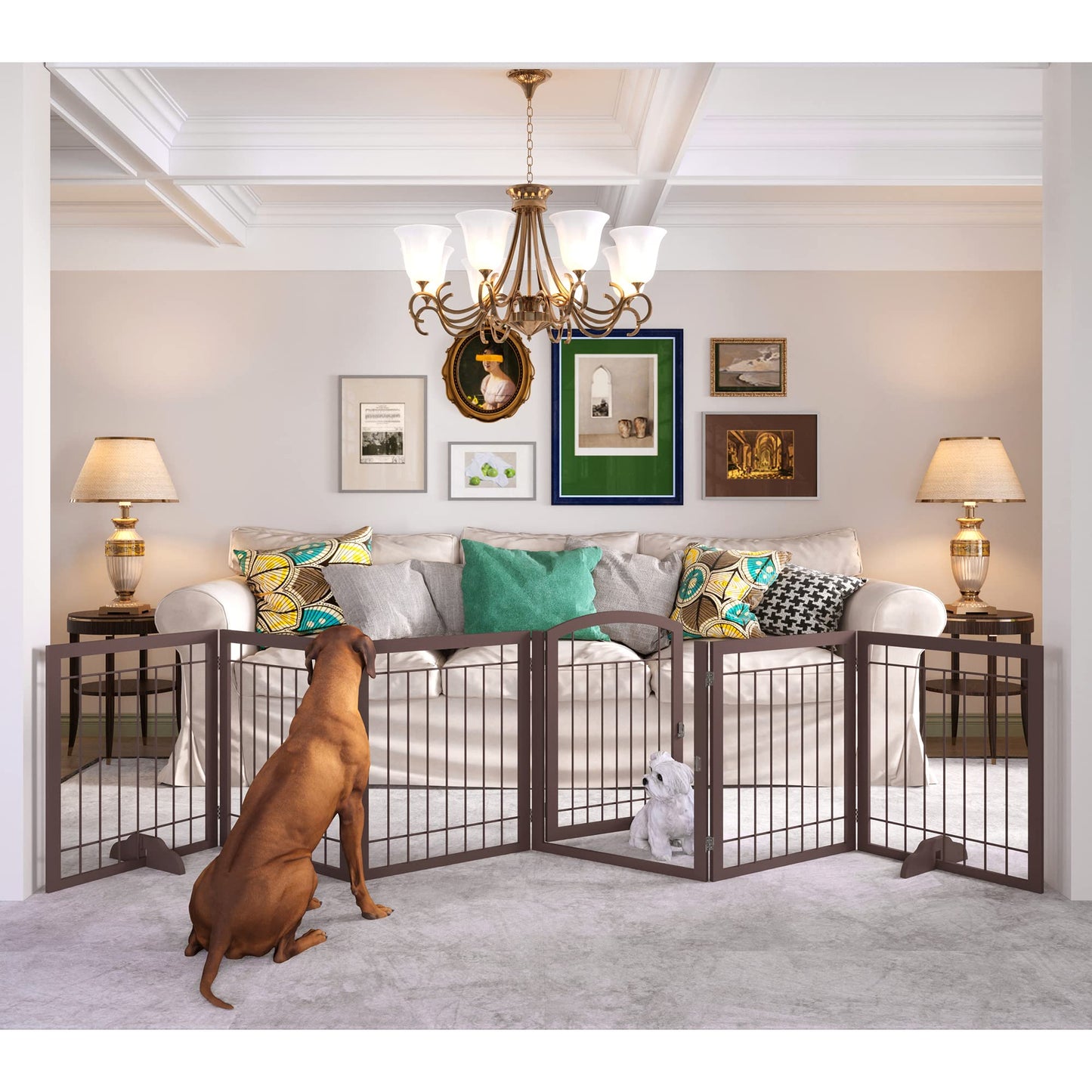 JSB 144-inch Extra Wide 30-inch Tall Dog gate with Door Walk Through, Freestanding Pet Gate for Halls, Stairs & Home, Pet Puppy Safety Dog Fence with 2PCS Support Feet (Espresso)