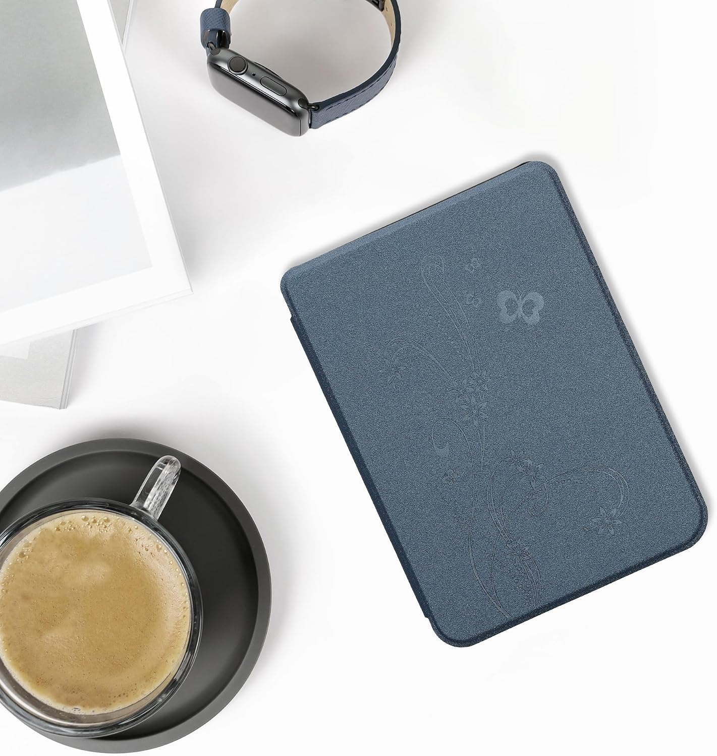 kwmobile Case Compatible with Kobo Clara BW/Colour Case - eReader Cover - Butterfly Tendril Dark Blue