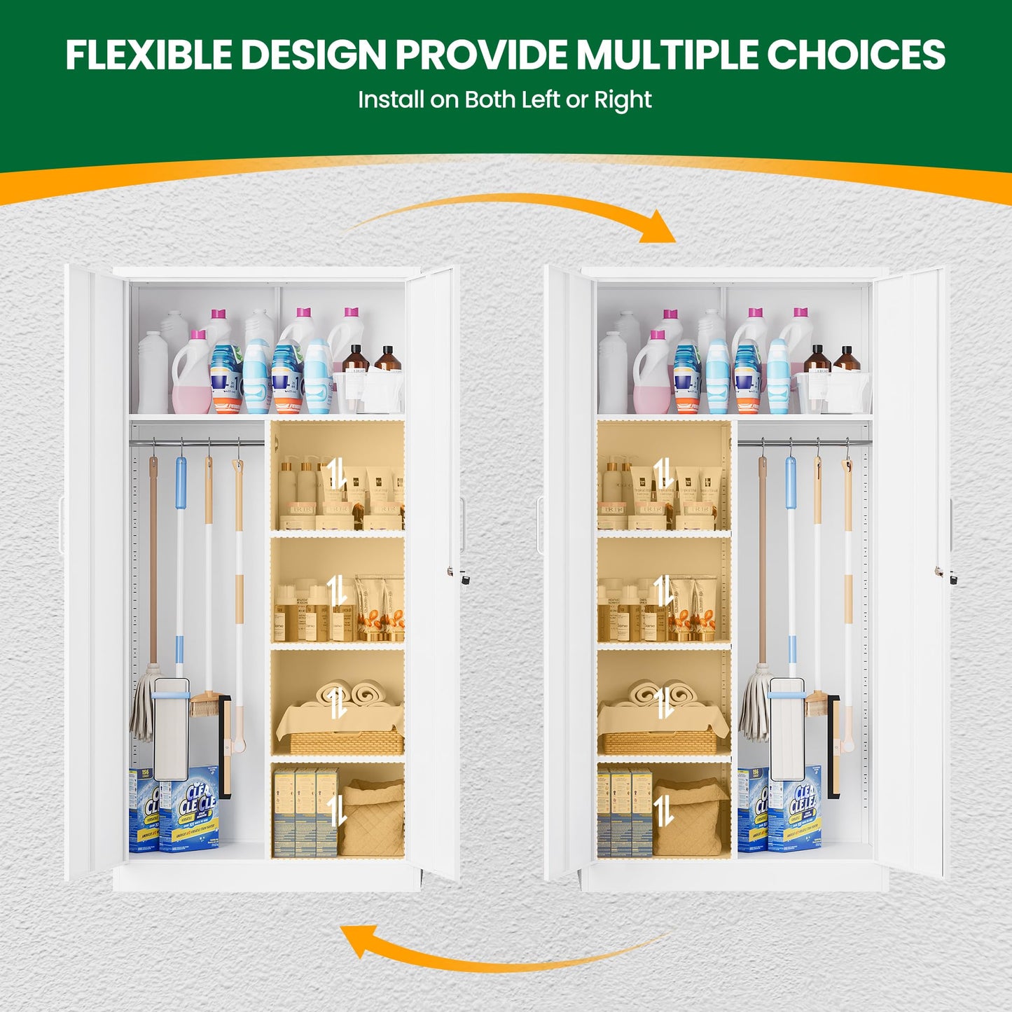 LISSIMO Broom Closet with Lock, Metal Storage Cabinet 36" Wide, 5-Tier Steel Utility Cabinet with Hanging Rod & Doors for Garage, Laundry Room, Warehouse Storage