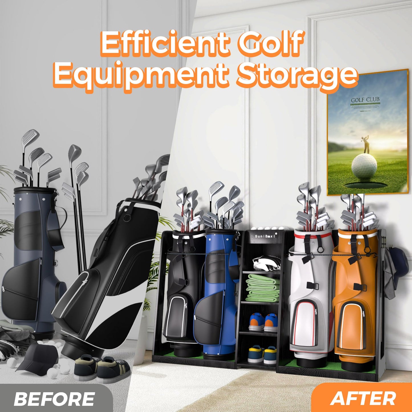 SuniBoxi Golf Organizer for Garage, XL Wooden Golf Bag Storage Rack for 4 Bags, Clubs, Balls & Equipment, Heavy-Duty Golf Bag Holder, Ideal Gift for Golfers, Dad, Husband(4 Bags,Dark Black)