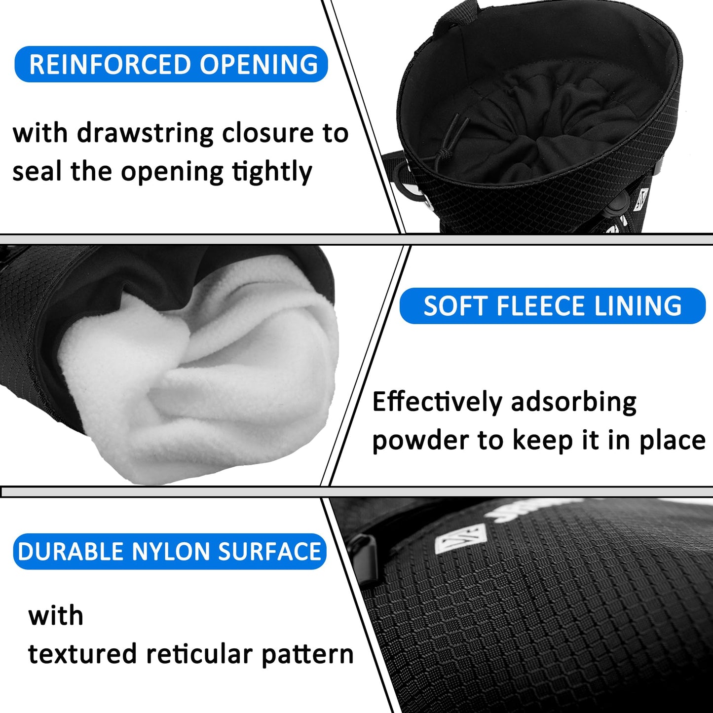 Chalk Bag for Rock Climbing Bouldering, Sealable Drawstring Closure, Capacious Zippered Pocket Athletic Chalk Bag with Waist Belt for Weightlifting, Gymnastics, Crossfit (Black)