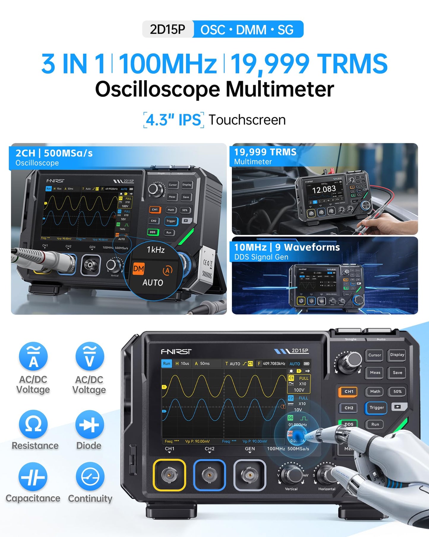 FNIRSI 2D15P 100MHz Digital Oscilloscope Multimeter DDS Signal Generator 3 in 1, 2CH Automotive Oscilloscope Multimeter 19,999 TRMS Counts, 500MS/s Sampling, 4.3'' Touch Screen