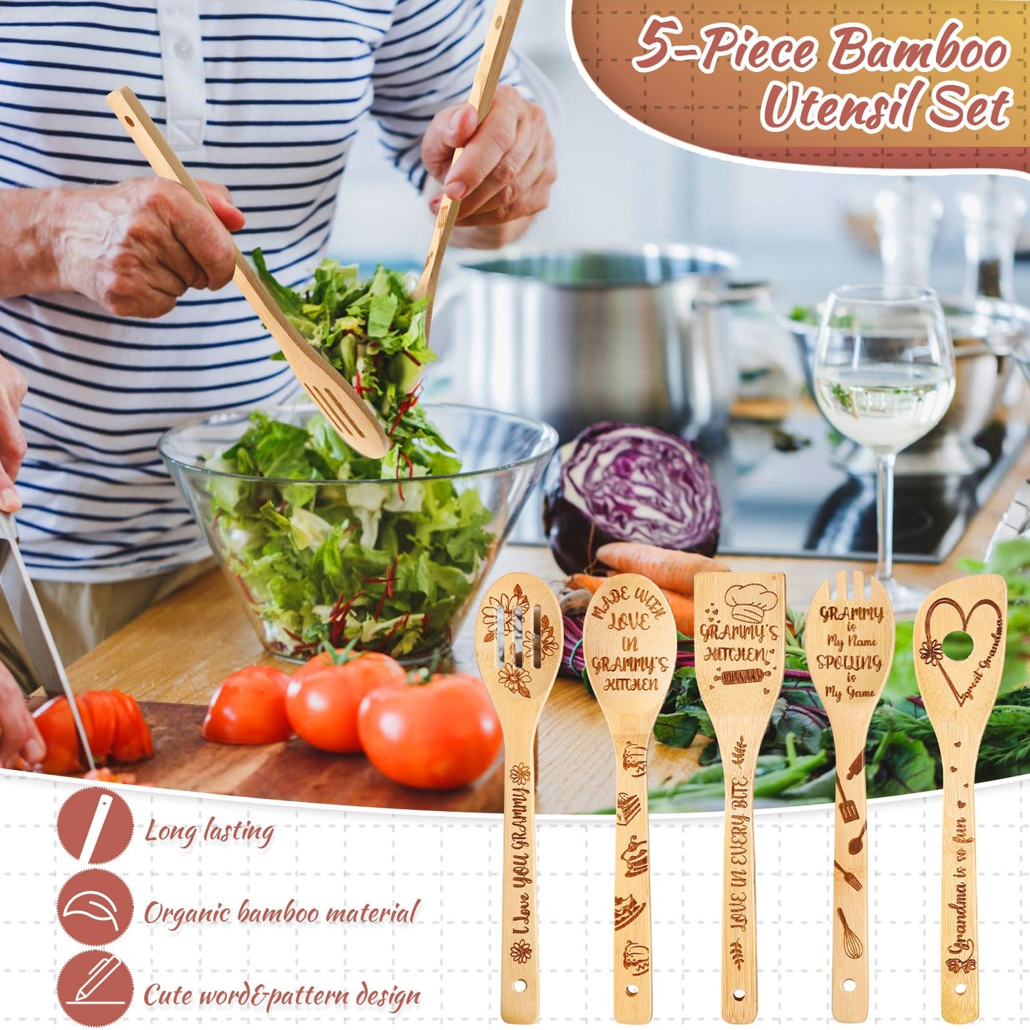 Leyndo 10 Pcs Mother's Day Grammy Kitchen Gifts Set Include Apron Tea Towel Tea Spoon Pot Holder Oven Mitt Bamboo Kitchen Spatula Cooking Baking