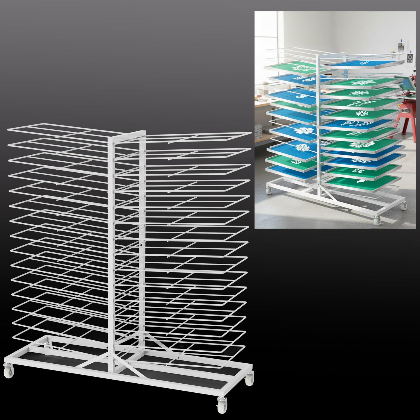 Caydo 30 Shelves Art Drying Rack, Easy Assembly Rolling Art Rack with Adjustable Shelves, Art Storage Solution for Screen Printing Frame, Lino Plates and Cabinet Doors