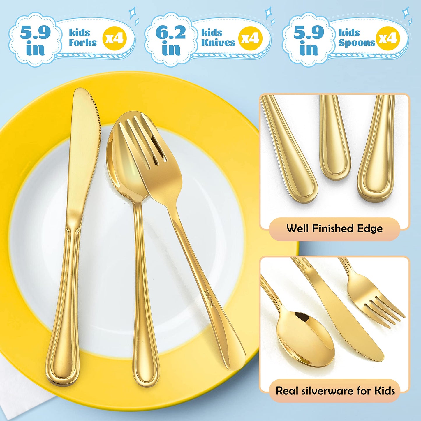 12-Piece Gold Kids Silverware, E-far Stainless Steel Toddler Kids Utensils Safe for Preschooler/Children, Includes 4 Forks 4 Spoons 4 Knife, Slimline Look & Small Size, Healthy & Rust Free