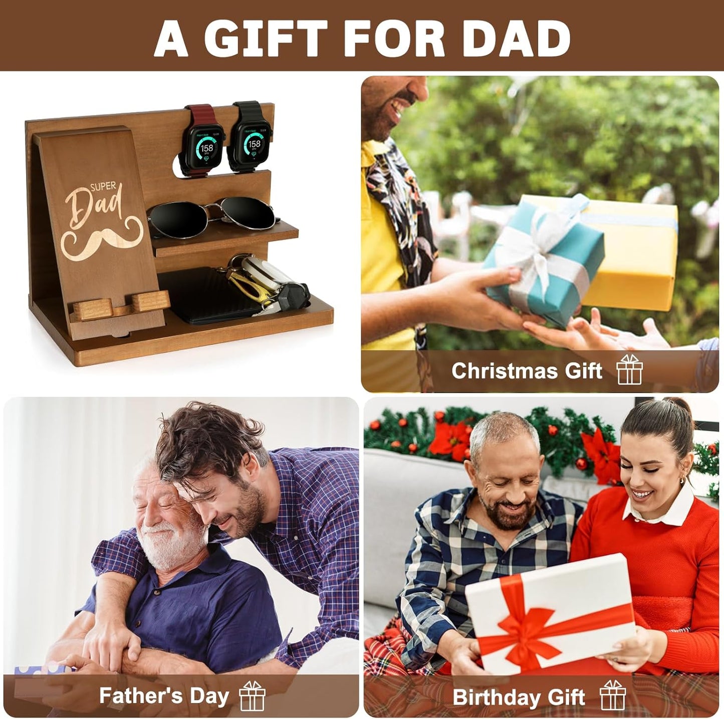 AliveByte Fathers Day for Dad, Dad Birthday Gifts, Wood Phone Docking Station, Nightstand Organizer, Gifts for Dad