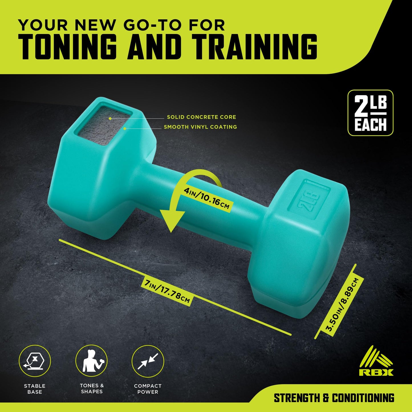RBX 4lb Pair Hex Dumbbells, 2lb Each, Hex Shape for Stability, Compact for Easy Portability, Dumbbell Set for Strength Training, Cardio, Walking, and More, All Fitness Levels (Mint)