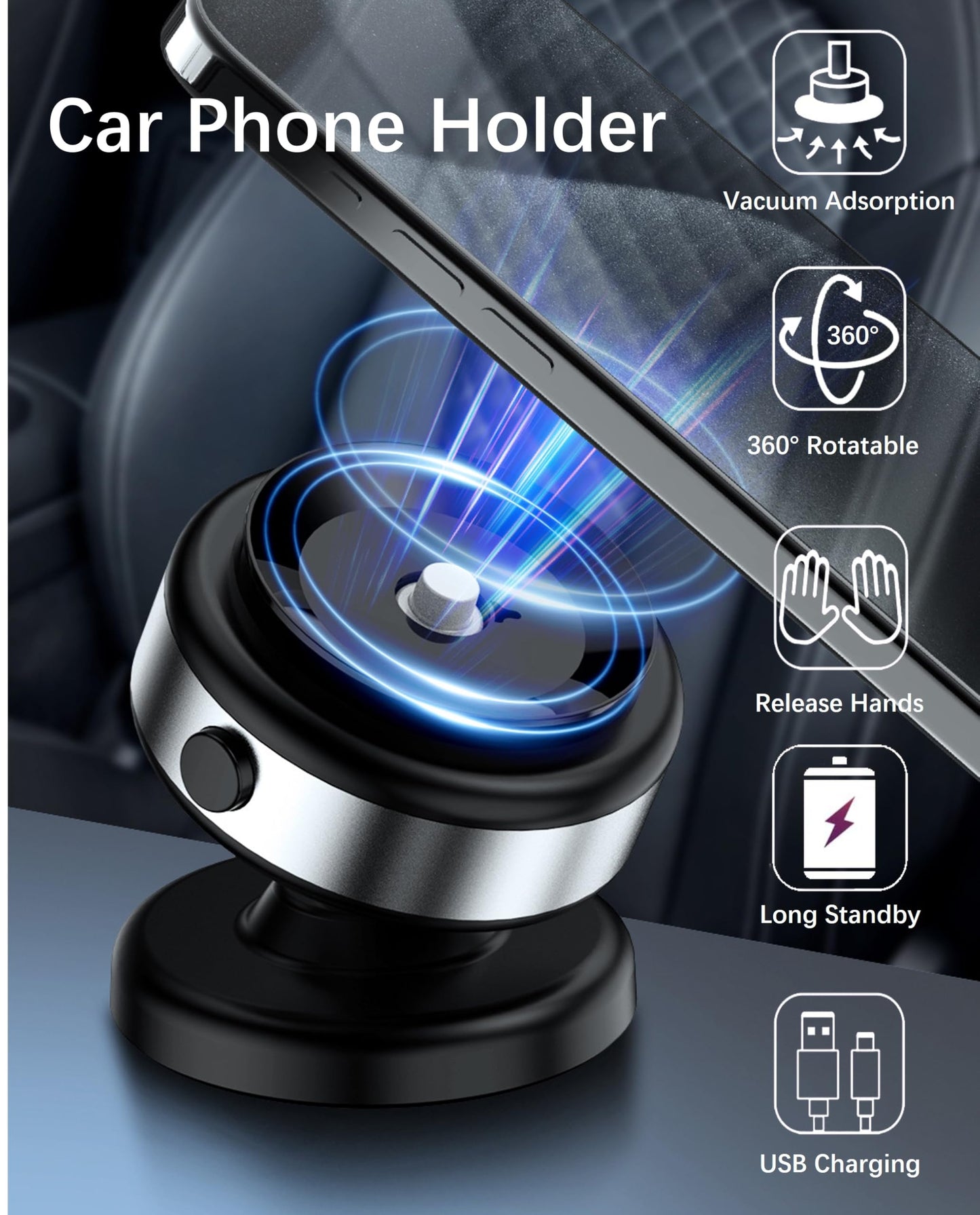 Electric Vacuum Suction Cup Magnetic Phone Mount, 360 Rotatable Magnetic Cell Phone Holder, Adjustable Hands-Free Portable for Magsafe iPhone Car Gym Mirror Smooth Surface(Black)