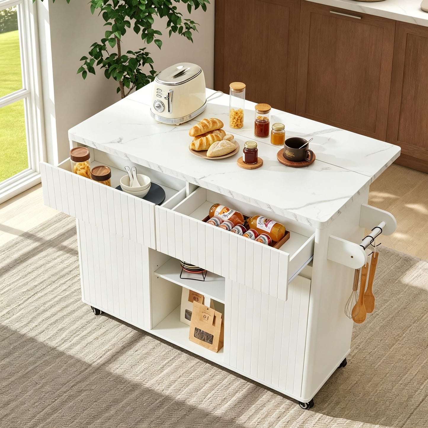 weselon 47" Mobile Kitchen Island with Storage & Drop Leaf, Rolling Kitchen Cart on Wheels with 2 Drawers, Adjustable Shelves, Towel Rack & Hooks, Faux Marble Top Island Table for Kitchen (White)