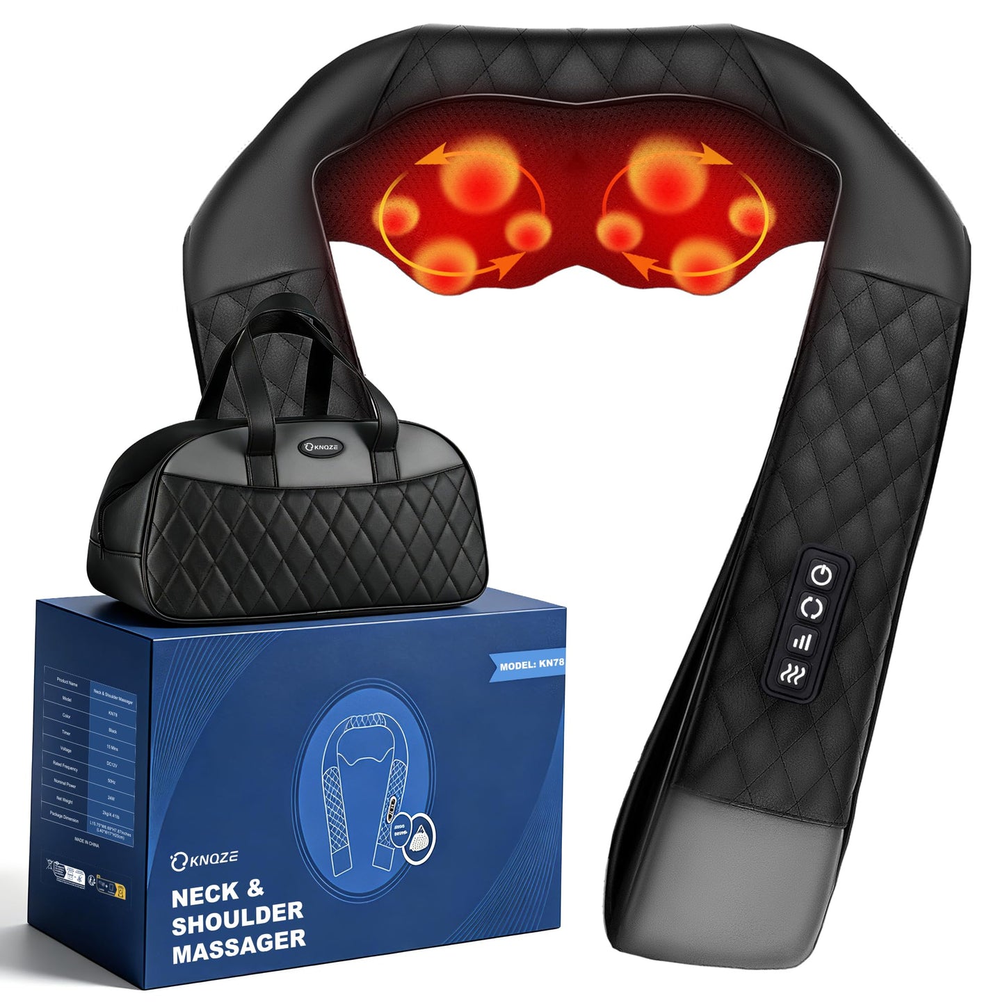 Neck Massager with Heat, Shiatsu Neck and Back Massager, 4D Deep Tissue Kneading for Neck,Back,Shoulder, Body Muscle Pain Relief, Leather Handbag for Storage, Gift for Men Women Mom Dad, Plug-in Use